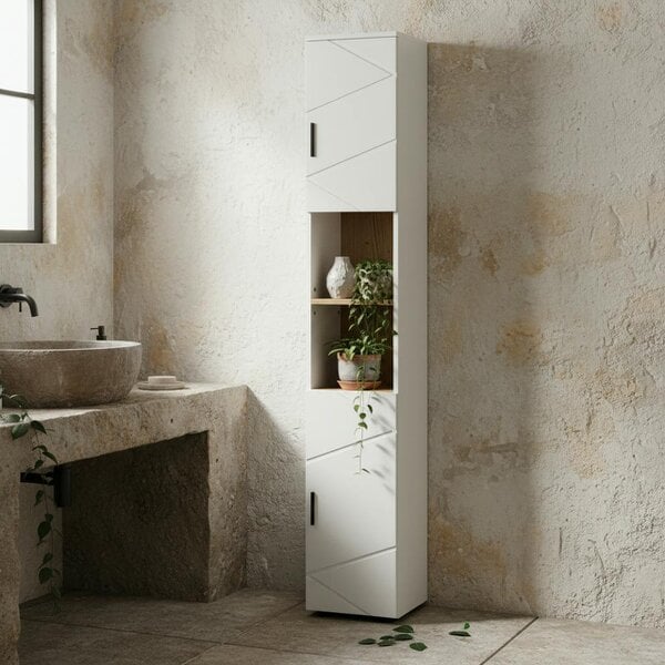 Wyld Haus Dohifa Tall Bathroom Storage Cabinet With Line Embossed Front And Adjustable Shelves White