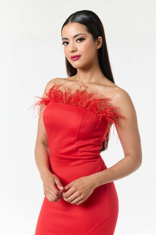 LuvForever Red Bandeau Side Slit Maxi Dress