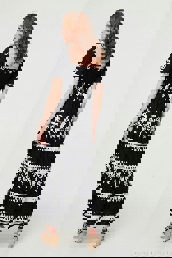 Black | Ikat Print Short Angel Sleeve Maxi Dress
