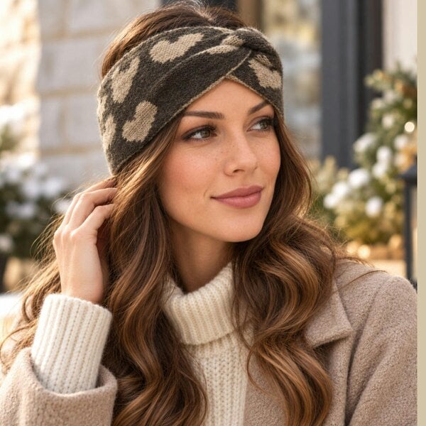 Love EMVY Heart Print Knitted Twist Headband - Brown