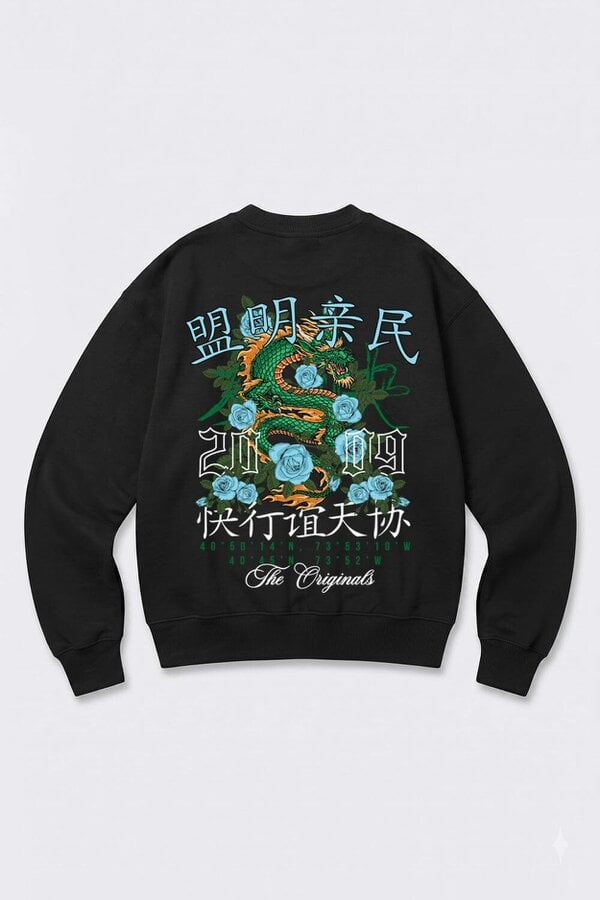 London Attitude Oversized Dragon Graphic Sweatshirt in Black