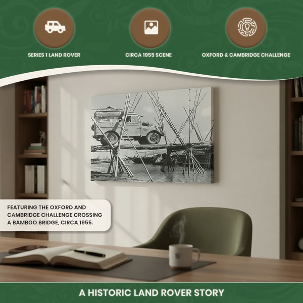 Series 1 Land Rover Crossing a Bamboo Bridge Canvas Print, Circa 1955 Oxford and Cambridge Challenge Scene, 60 x 40 cm