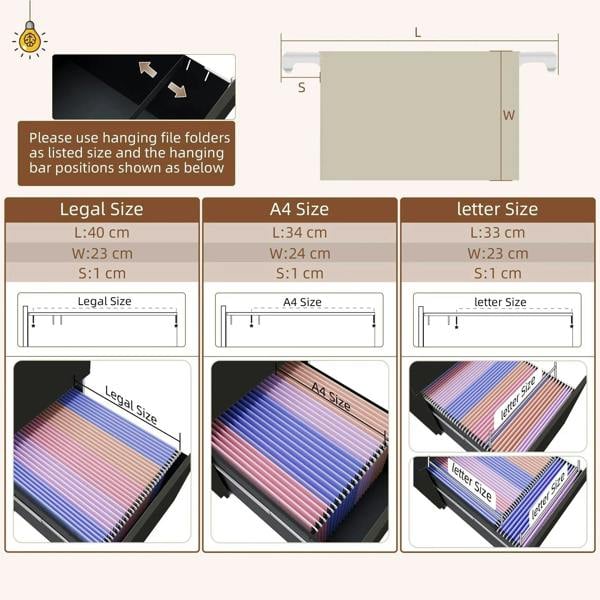Filing drawer size guide for legal, A4, and letter hanging folders