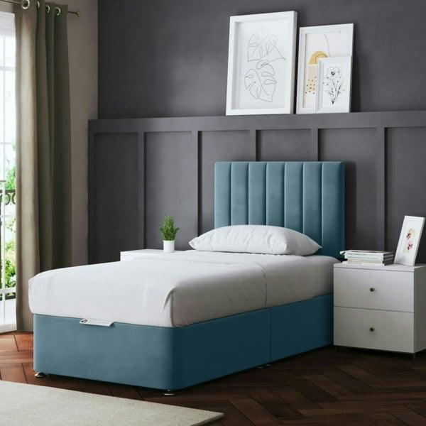 DS Living Amelia Divan Bed with Upholstered Headboard - Four Drawers - Blue - Single
