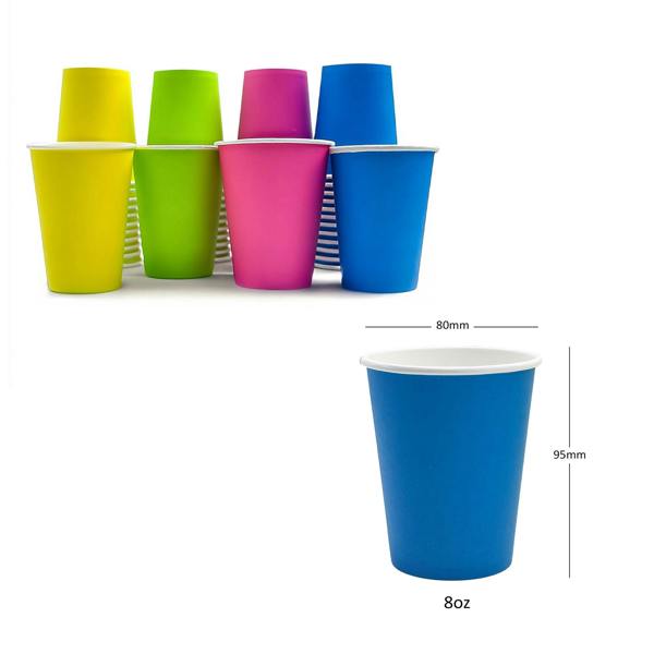 Colourful paper cups with measurements on a white background