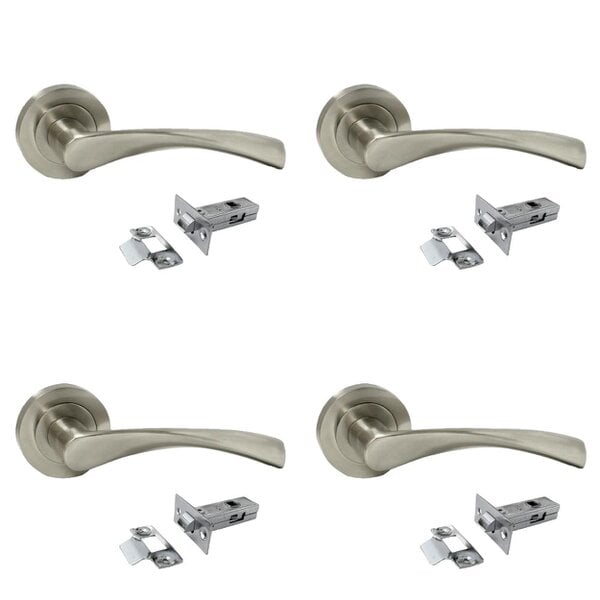 EDH Door Hardware 4 Pairs Satin Nickel Twist Door Handles + Latches Set Internal Lever on Rose