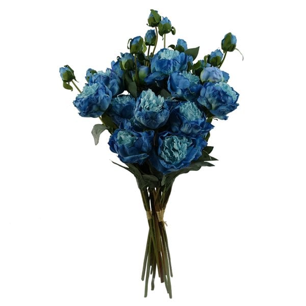 Leaf 6 x 55cm Blue Peony Artificial Flower Stems - 24 flowers 18 buds