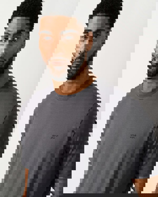 detail shot of a BOSS Green Tee Mens Stretch Cotton T-Shirt with Contrast Logo in Open Grey