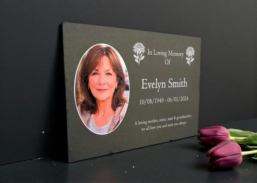 Memorials Direct Photo Slate Memorial Plaque, Chrysanthemum, Add a Portrait & Personalised Text | 35×25cm (14×10”)