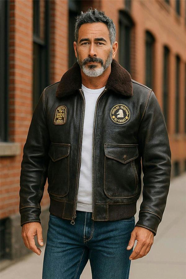 Infinity Leather Men's Leather Bomber Sheepskin Collar G-1 Aviator Jacket - Linear