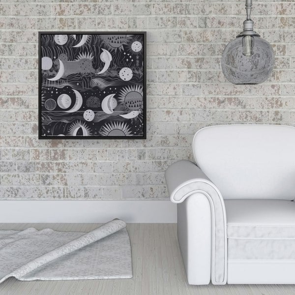 Warren Reed Abstract Black White Moon and Sun Framed Canvas