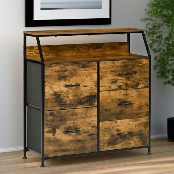 Rafaelo Mobilia Industrial Rustic Brown Chest With 5 Fabric Drawers