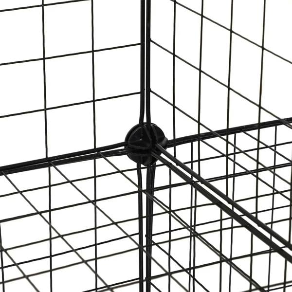Black wire rack node connector on open grid shelf frame