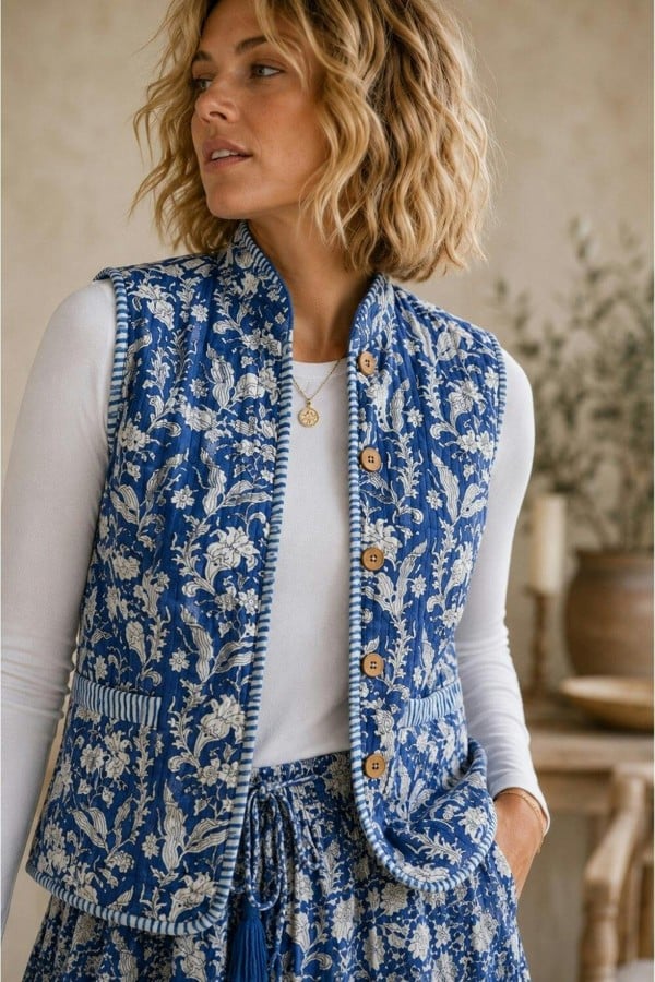 Soul Of Sita Blue LAVINIA woodblock printed waistcoat with contrast stripe lining