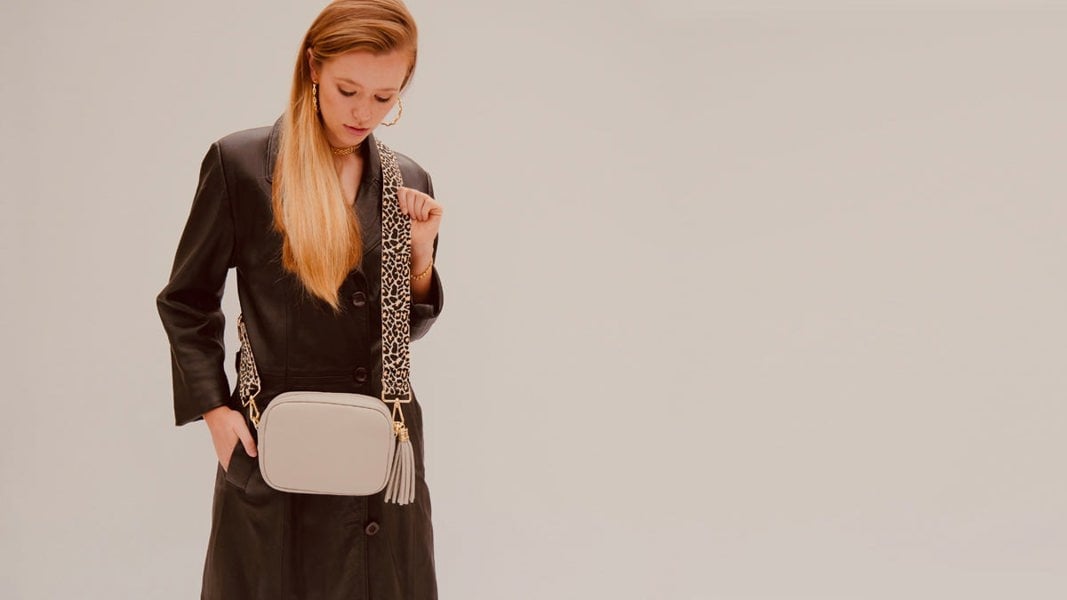 Apatchy London The Tassel Light Grey Leather Crossbody Bag with Apricot Cheetah Strap