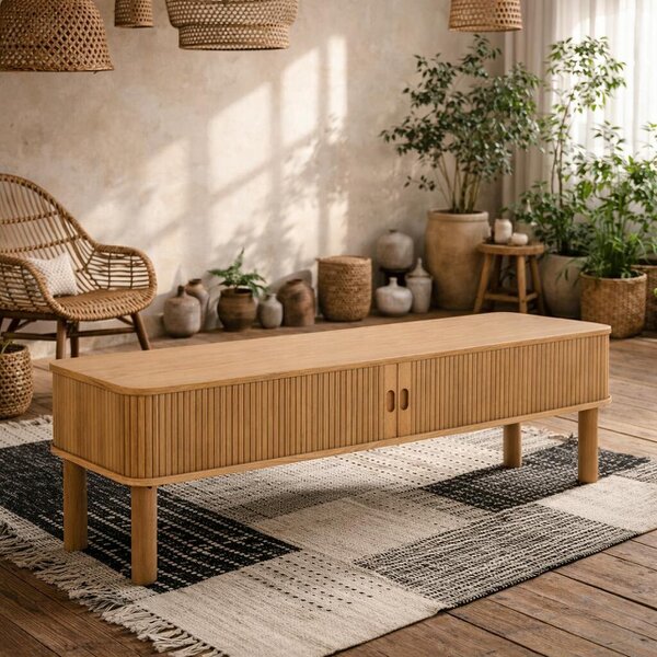 Wyld Haus Copenhagen Natural Oak Wood Etched TV Unit 2 Tambour Doors