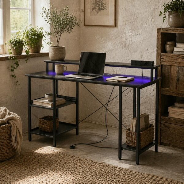 Wyld Haus Sona 120cm Dark Grey Gaming Desk With Power Outlets And Storage Shelves