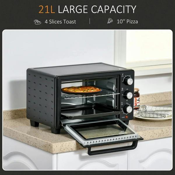 Black countertop oven with open door and baking tray, showing pizza inside
