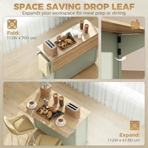 Bobobiy Kitchen Island with Drop Leaf Tabletop Kitchen Island on Wheels Storage Cabinet Shelf Trolley Light Green