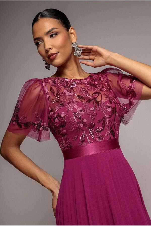 Embroidered Top Chiffon Pleated Midi - Magenta DR3802