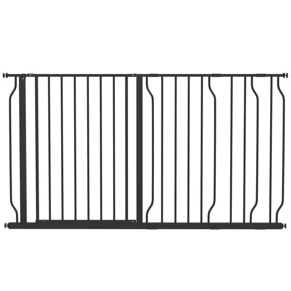 Black extra wide pet safety gate with vertical bars and pressure-mounted base
