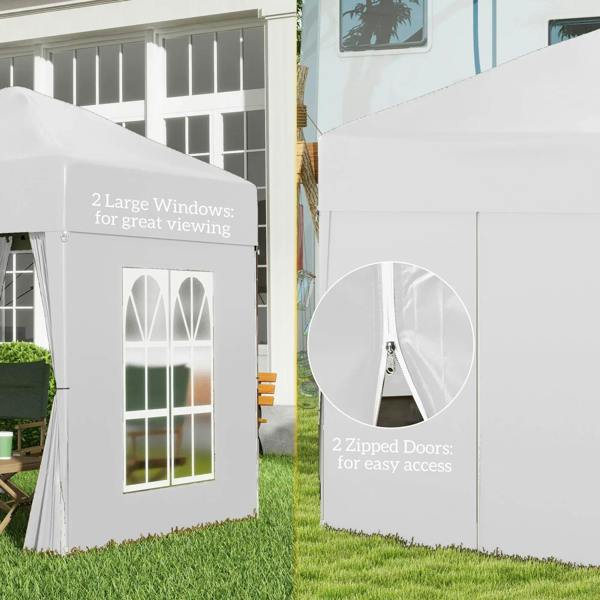 White pop-up gazebo with two large window panels and two zippered door panels