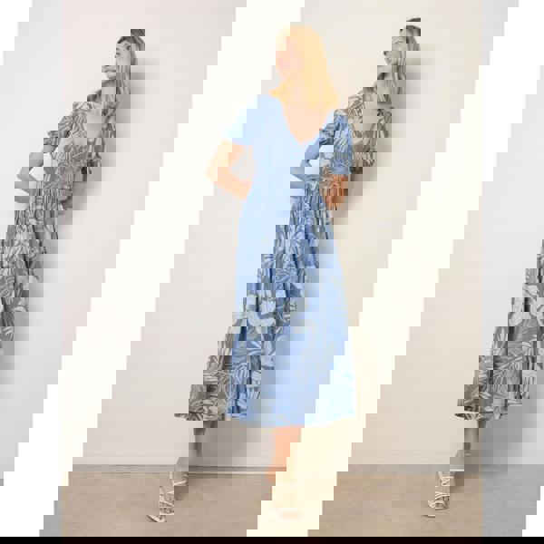 Blue Vanilla Shirred Button V Neck Midi Dress