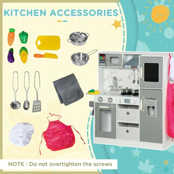 White kids toy kitchen playset with hanging accessories, pots, pans and cooking tools