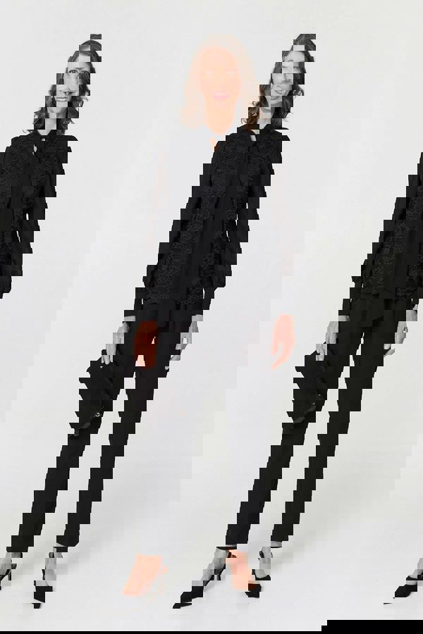 Black | Floral Lace Semi Sheer Textured Blouse
