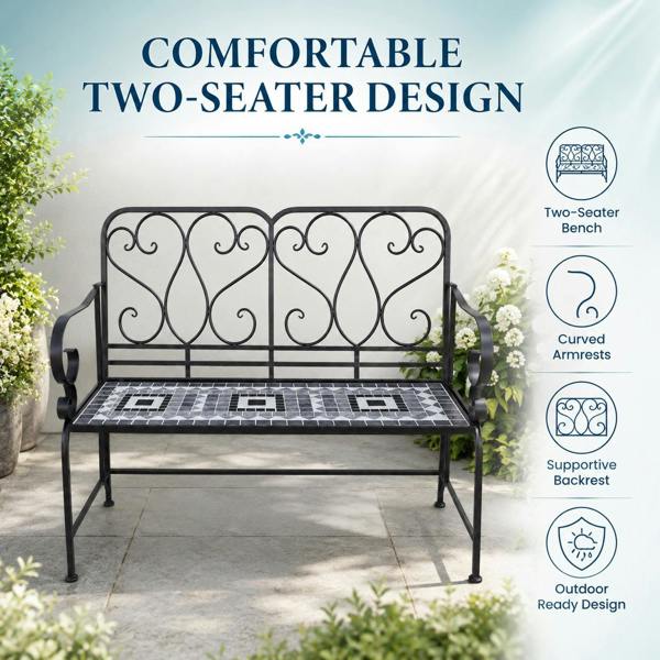 Medina Mosaic 2 Seater Garden Bench, 112cm Outdoor Patio Seat with Ceramic Tile Seat, Scrollwork Backrest & Metal Frame image 7