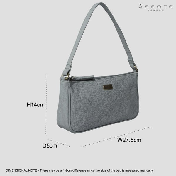 Assots London 'ZARA' Cashmere Blue Soft Pebble Grain Real Leather Baguette Shoulder Bag