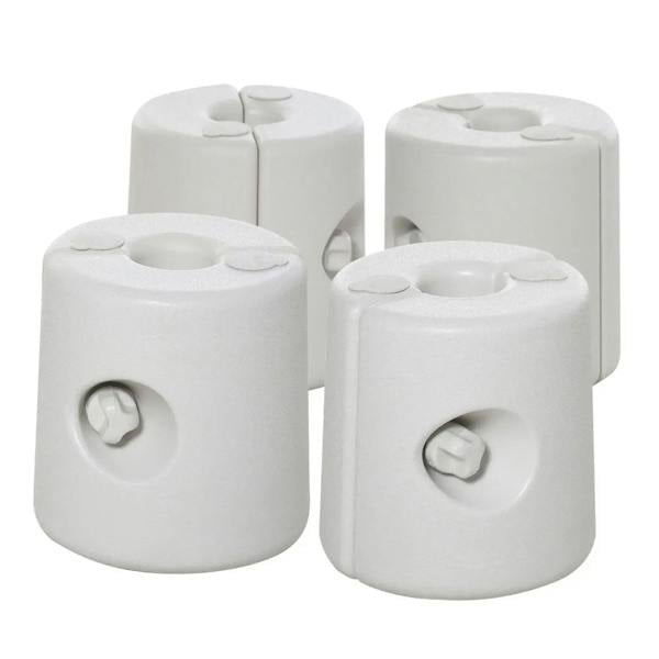 White cylindrical gazebo tent leg weights, four-pack, with top fill holes and side knobs