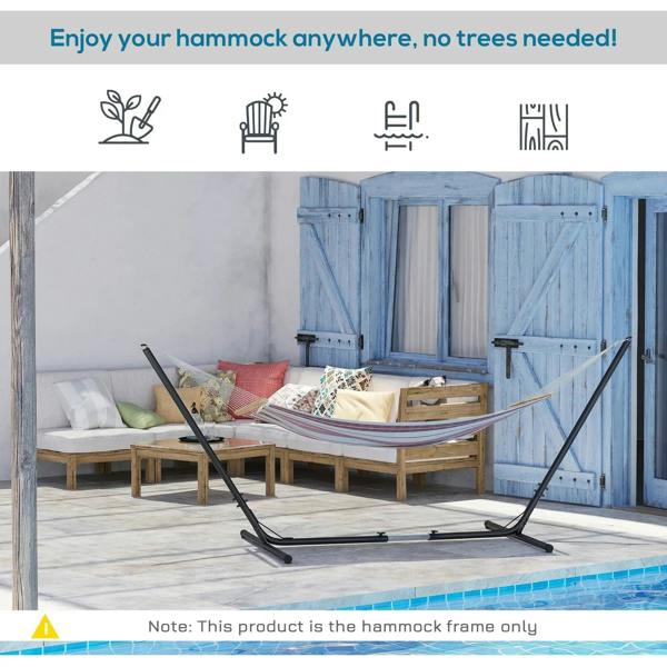 Black metal hammock stand frame for patio use, with curved end supports and base.