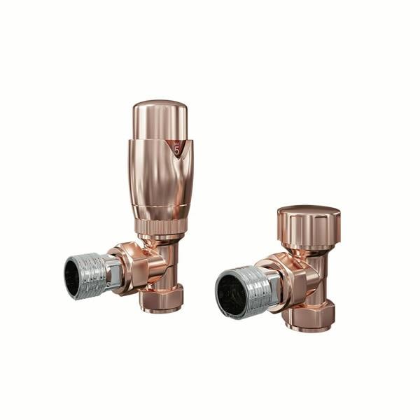Flode Angled Thermostatic Radiator Valve Pack | 15mm x 1/2" | Copper