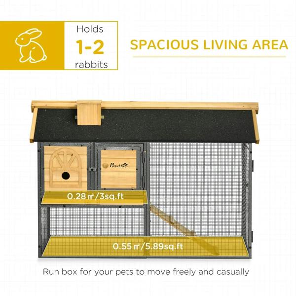 Spacious outdoor rabbit hutch with run, black wire mesh, wooden doors, dark asphalt roof