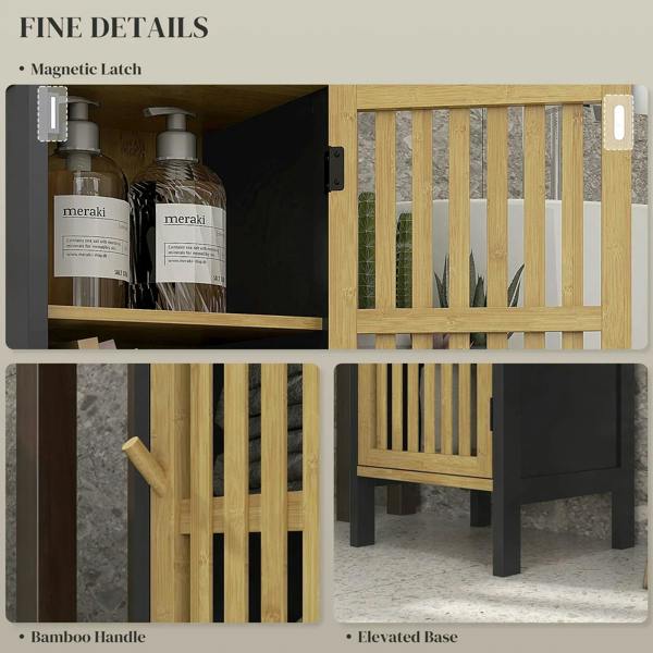 Black bathroom storage cabinet with bamboo slatted doors, handle details, and elevated base