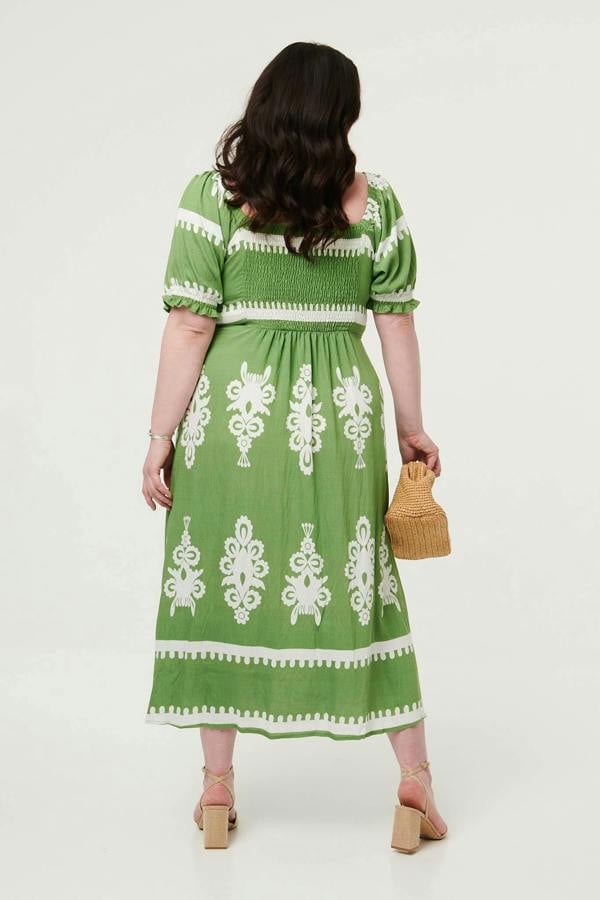 Green | Curve Printed Puff Sleeve Tie Midi Dress
