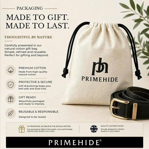 Primehide belt packaging with cotton gift bag and belt on a light background