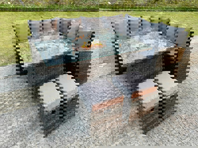 Fimous High Back Rattan Garden Furniture Sets Gas Fire Pit Dining Table Set Gas Heater Right Corner Sofa Small Footstools 8 Seater
