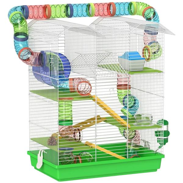 Green multi-level hamster cage with white wire, colorful tubes, ladder, and exercise wheel
