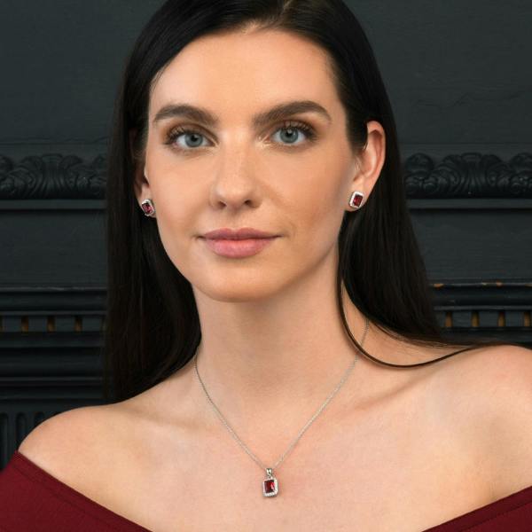 namana 925 Sterling Silver Emerald Cut Red Halo Pendant Necklace For Women