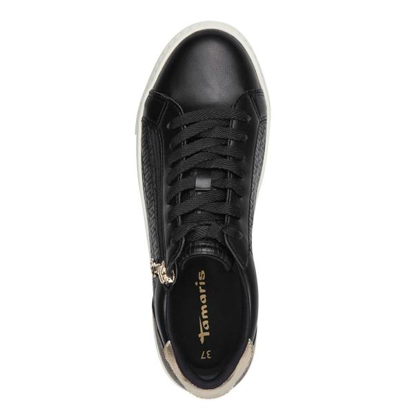 Tamaris Womens Black Gold Faux Leather Fashion Lace Up Sneakers