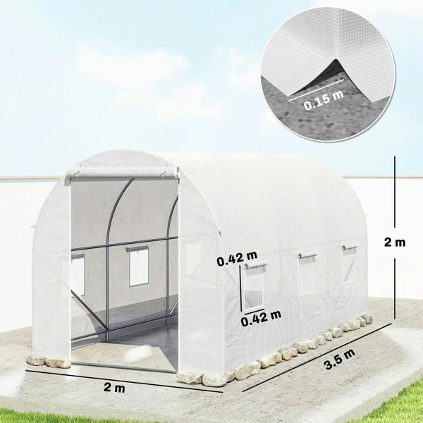 White polytunnel greenhouse with side entrance door, curved steel frame, and base