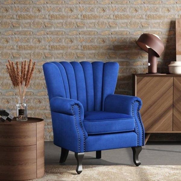 Velvet Upholstered Wingback Chair Thick Padded Armchair Green/Blue Wingback Chairs-AWIN Living and Home Blue