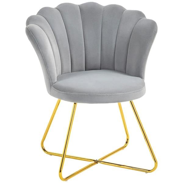 Grey velvet-look accent chair with scalloped lotus petal back and gold sled legs