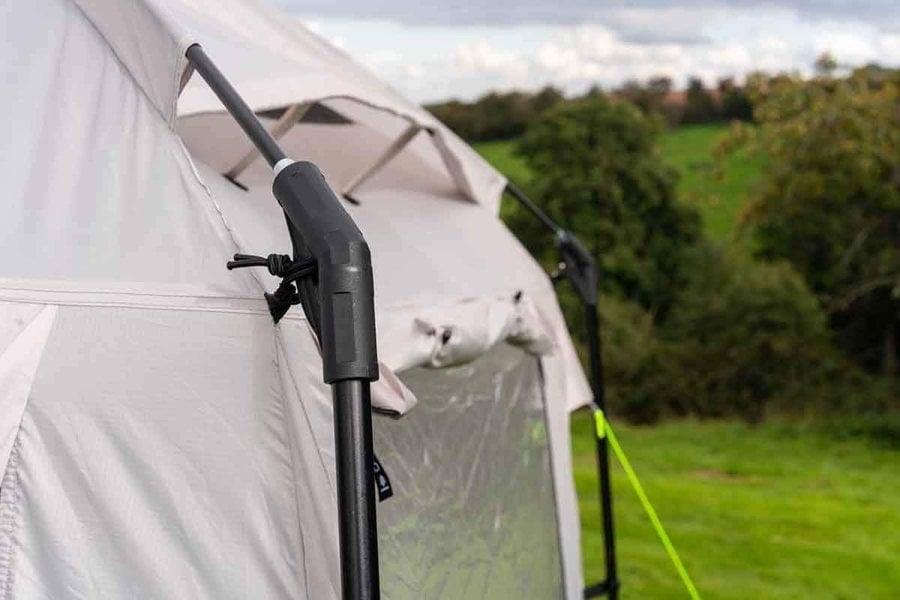 A closeup of the corner of the OLPRO Pod Kitchen/Storage Tent.