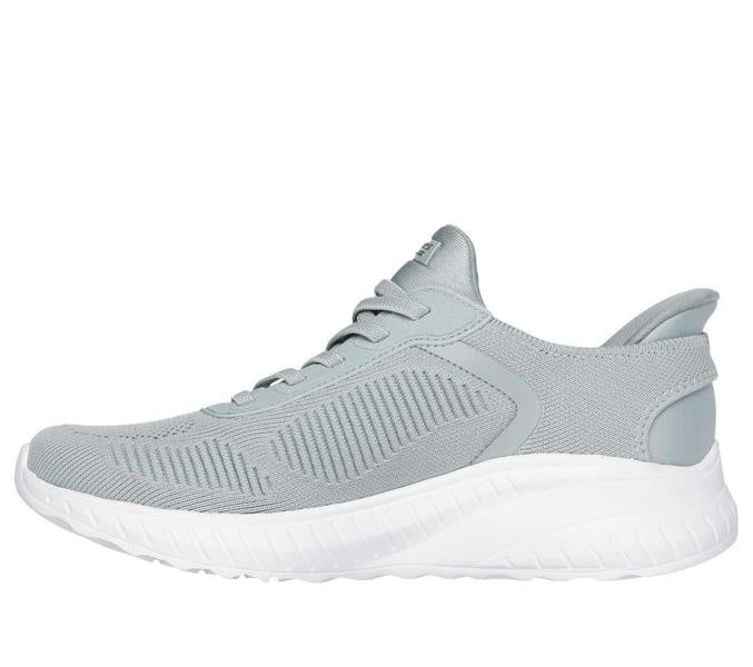 Skechers BOBS Sport Squad Chaos Womens Slip-Ins Sports Shoe Trainers, light gray athletic slip-on sneakers with breathable mesh upper and cushioned sole for comfortable active wear.
