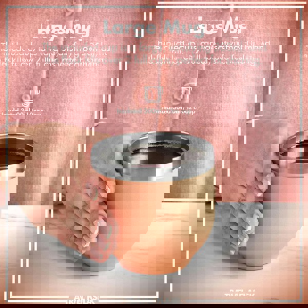 A hand holds an insulated 300ml/10oz cup with a metallic rim on a table against a pink garment background. Text: "Large Mug The included cup is a large, satisfying 300ml, and the flask fills over 2 full cups, perfect for sharing. Insulated 300ml/10oz cup TRAVEL FLASK"