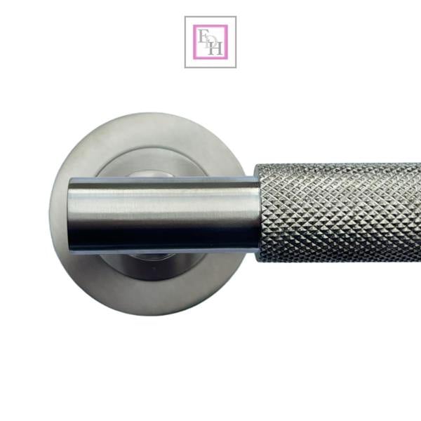 EDH Door Hardware Satin Nickel Knurled Door Handles on Round Rose – Modern Internal Lever Handle