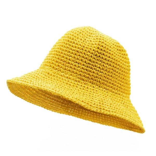 Yellow straw floppy sun hat with wide, slightly upturned brim